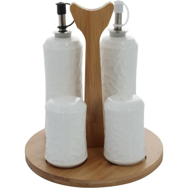 Juego de de salero/pimentero y aceitera/ vinagrera de porcelana y bamb? 5 piezas 17 x 17 x 19 cm