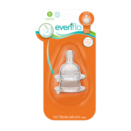 Mamila evenflo cuello ancho valvula anticolicos pro-flow flujo medio 2pk