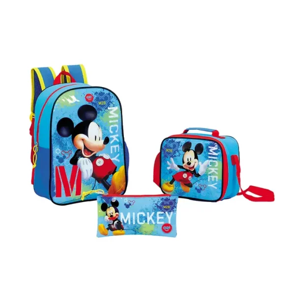 Combo morral + lonchera + cartuchera Mickey