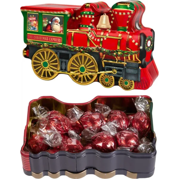 Lata rellena de 120 gramos de pralines o chocolate con leche y caramelo